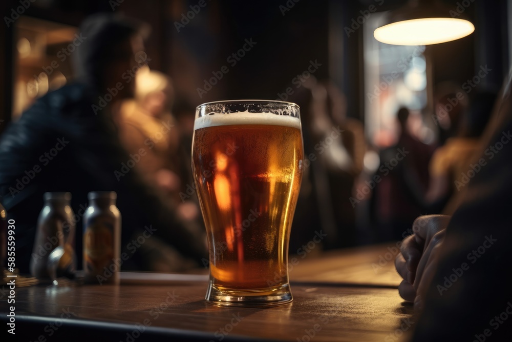 Preparation for watching the sport game.Cooled glass of beer with condensate on the wooden table. Blurred bar at the background Generative AI Preparation for watching the sport game.Cooled glass of beer with condensate on the wooden table. Blurred bar at the background Generative AI