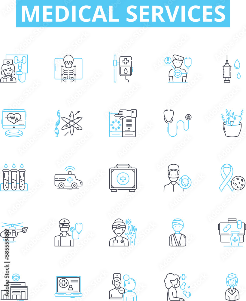 Medical services vector line icons set. Medicine, Health, Treatment, Surgery, Care, Tests, Hospitals illustration outline concept symbols and signs