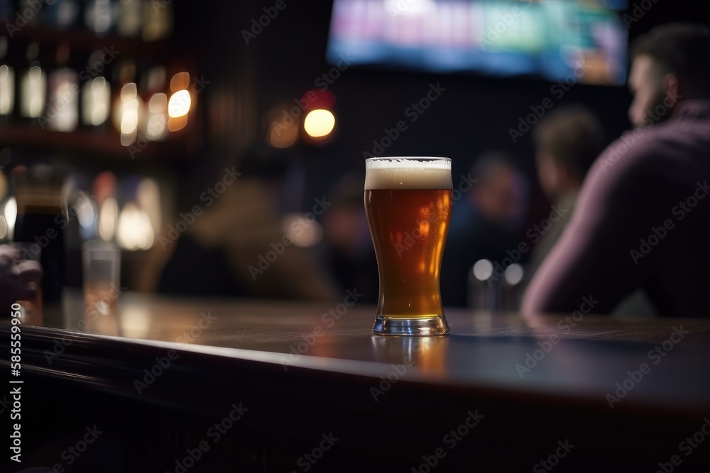 Preparation for watching the sport game.Cooled glass of beer with condensate on the wooden table. Blurred bar at the background Generative AI