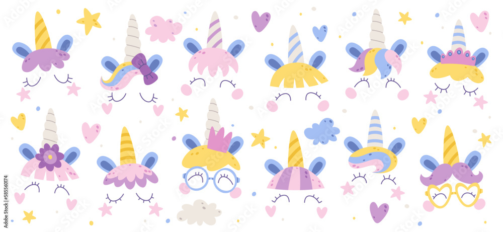 Cute unicorn faces flat illustrations set.