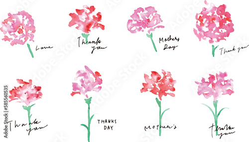 水彩画。母の日の赤いカーネーションのベクターイラストセット。手描きのメッセージ。Watercolor. Vector illustration set of red carnations for Mother's Day. Hand drawn message.