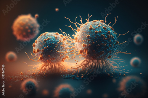 Oncology. Cancer cells. Chemotherapy. treatment for malignant in a human body caused by carcinogens and genetics with a cancerous cell as an immunotherapy symbol and medical therapy. Generative AI