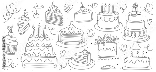 Birthday cakes in line art. Continuous arts of bakery, cupcake with cream and piece of pie