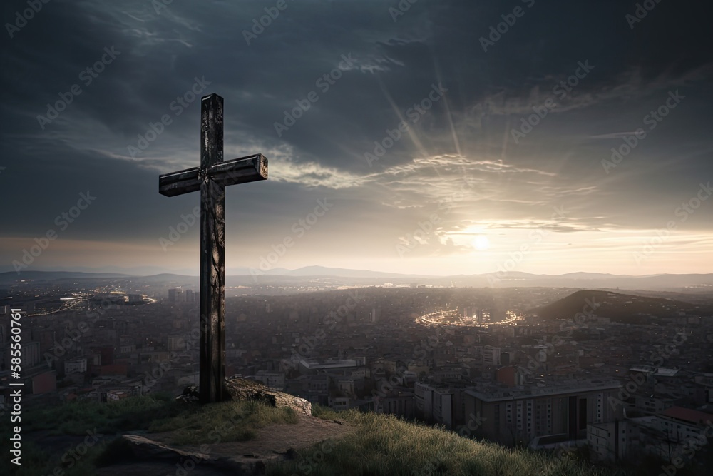 Kreuz auf einem Berg vor einer fiktiven Stadt bei einem Sonnenaufgang