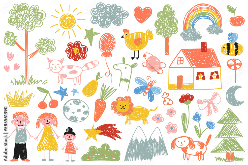 Linear children drawings design elements. Doodle arts of sun, heart, frog, turtle, flower, star, crown, strawberry Linear children drawings design elements. Doodle arts of sun, heart, frog, turtle, flower, star, crown, strawberry