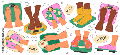 Feet on weighing scales flat illustrations set. Legs in socks. Balance on device. Healthcare. Medical device