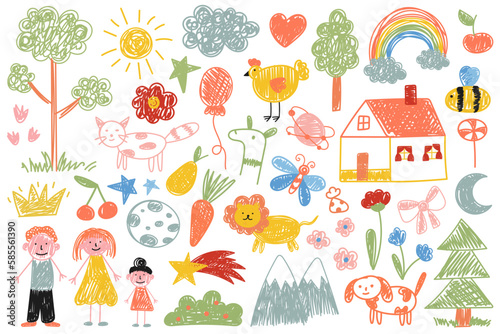 Linear children drawings design elements. Doodle arts of sun, heart, frog, turtle, flower, star, crown, strawberry