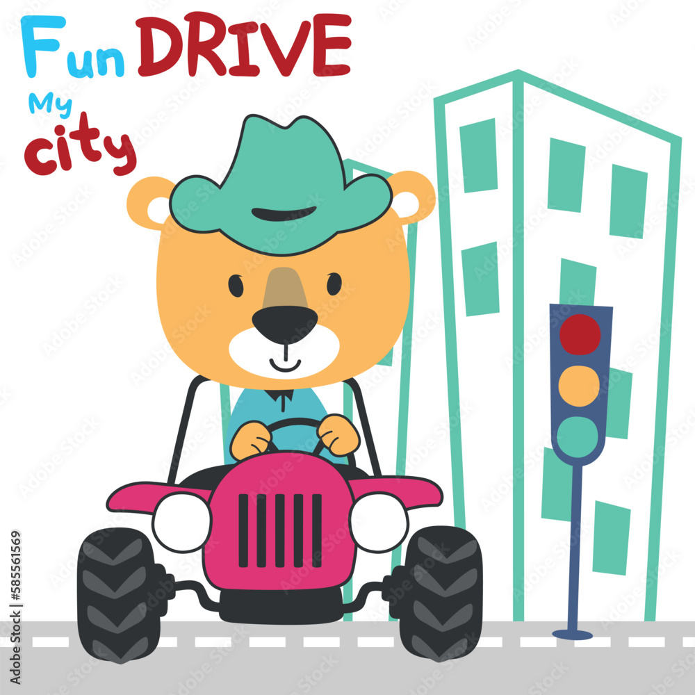 Vector illustration of cute little tiger on a off road car go to forest, Can be used for t-shirt print, kids wear, invitation card. fabric, textile, nursery wallpaper, poster and other decoration. Vector illustration of cute little tiger on a off road car go to forest, Can be used for t-shirt print, kids wear, invitation card. fabric, textile, nursery wallpaper, poster and other decoration.