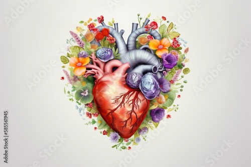 Abstract realistic illustrated colorful love heart made of fresh Spring flowers Generative AI