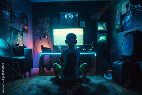 little boy in his gaming room sitting on the floor playing on Retro video game 1 Generative AI