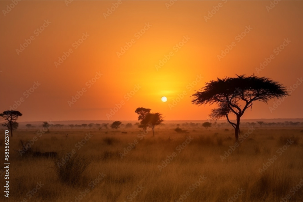 Sunrise in the wild African savannah 2 Generative AI