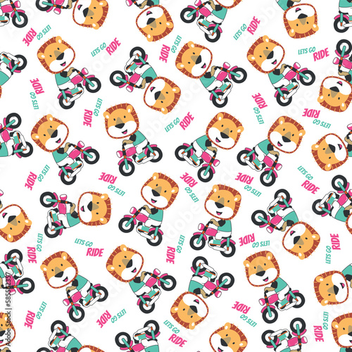 Seamless pattern texture with Cute little lion Riding motorcycle, Cartoon Vector Icon Illustration. For fabric textile, nursery, baby clothes, background, textile, wrapping paper and other decoration.