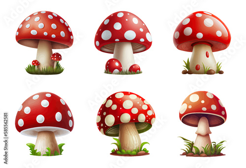 Cartoon fly agaric mushrooms on a white background, isolated mushrooms with red caps and white dots. Fly agaric, beautiful cartoon mushrooms. Vector