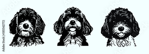 Lovely faces of cheerful Spaniel. Black and white cute, young baby dogs, Spaniel. Vector