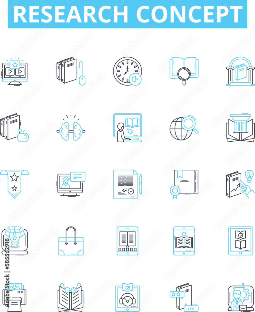 Research concept vector line icons set. Analysis, Survey, Experiment, Modeling, Sampling, Theory, Hypothesis illustration outline concept symbols and signs Research concept vector line icons set. Analysis, Survey, Experiment, Modeling, Sampling, Theory, Hypothesis illustration outline concept symbols and signs