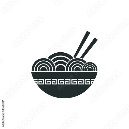 Black silhouette icon with ramen noodles, a bowl and a pair of chopsticks