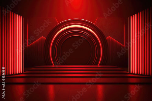 Red podium color 3D background with geometric shapes for product presentation minimal style, stage, red background.