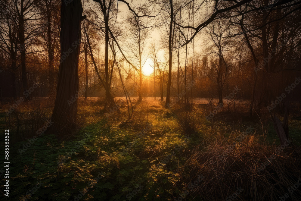 Fototapeta premium Sonnenaufgang/Sonnenuntergang im Wald im Frühling