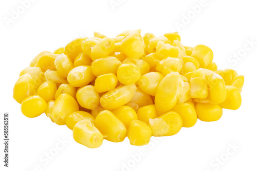 Grains of pickled canned corn are isolated on a white background. 
