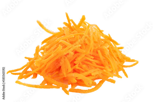 Fresh grated carrots are isolated on a white background. 