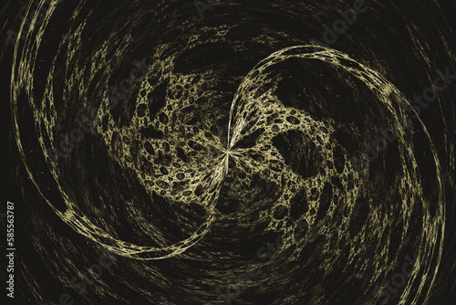 Dark yellow swirling pattern of crooked waves on a black background. Abstract fractal 3D rendering