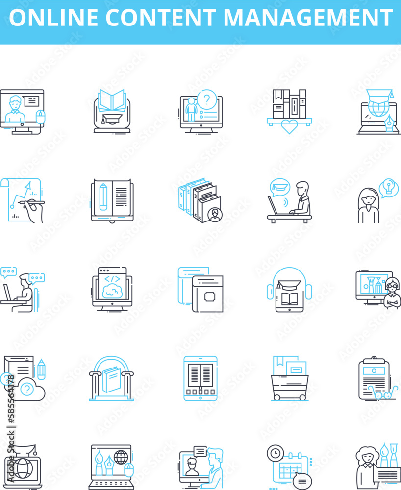 Online content management vector line icons set. Content, Management, Online, System, Web, Publishing, Digital illustration outline concept symbols and signs Online content management vector line icons set. Content, Management, Online, System, Web, Publishing, Digital illustration outline concept symbols and signs