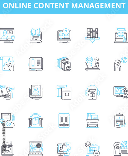 Online content management vector line icons set. Content, Management, Online, System, Web, Publishing, Digital illustration outline concept symbols and signs