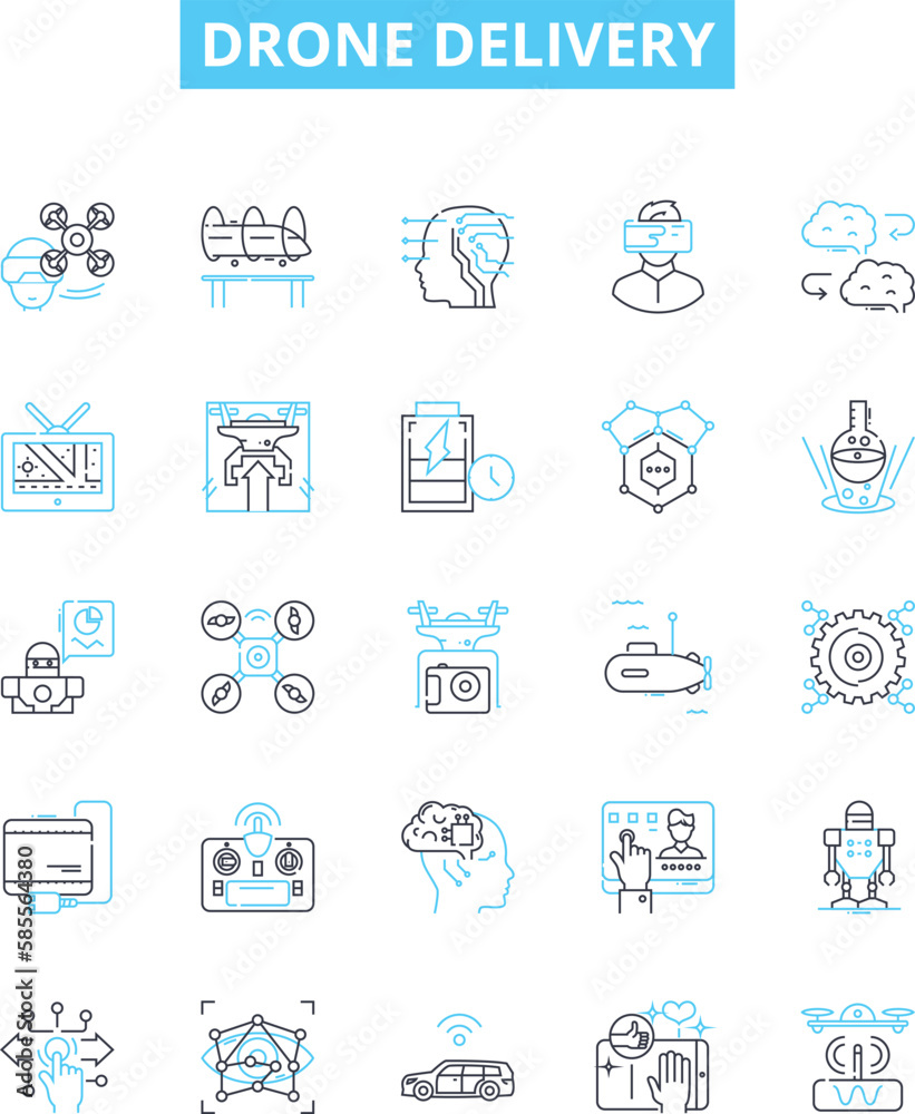 Drone delivery vector line icons set. Drone, Delivery, Aerial, Autonomous, Shipping, Service, Logistics illustration outline concept symbols and signs