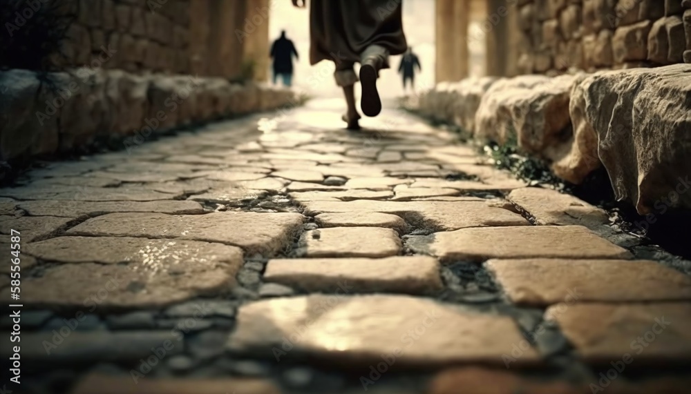 A Journey Through Time with a Person Taking a Stroll on an Old Stone-Cobbled Street in Antique City Generated by AI