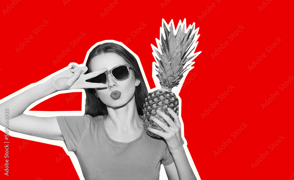 Fashion portrait of young woman in sunglasses with pineapple on red background, magazine style Fashion portrait of young woman in sunglasses with pineapple on red background, magazine style