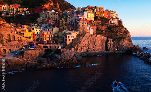 Small picturesque Italian town of Manarola in evening time