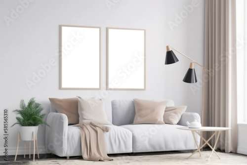 3 Blank picture frames in a modern living room interior design, light white colors