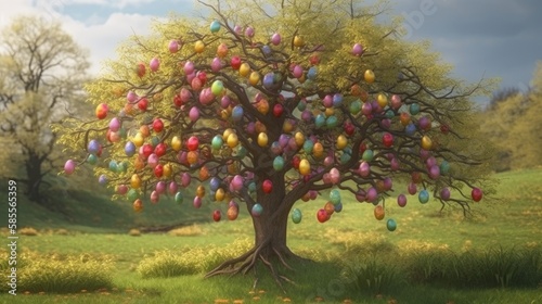 A bunch of colorful Easter eggs on a tree. Generative AI. 