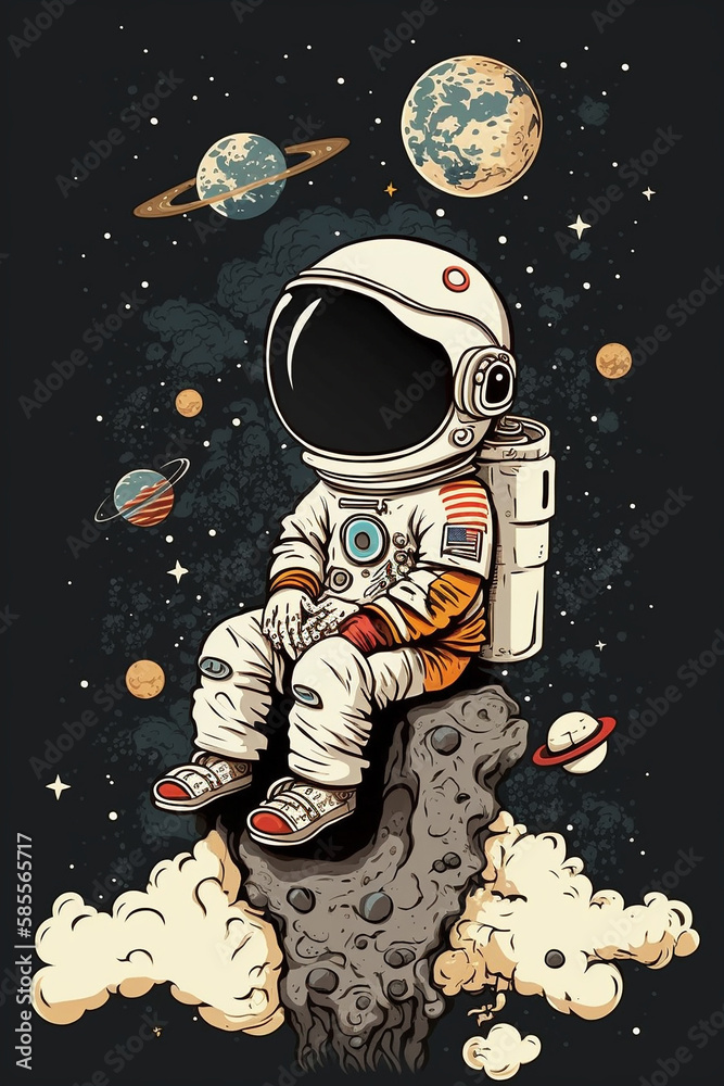 Fototapeta premium Cute little astronaut sitting in space. Generative Ai