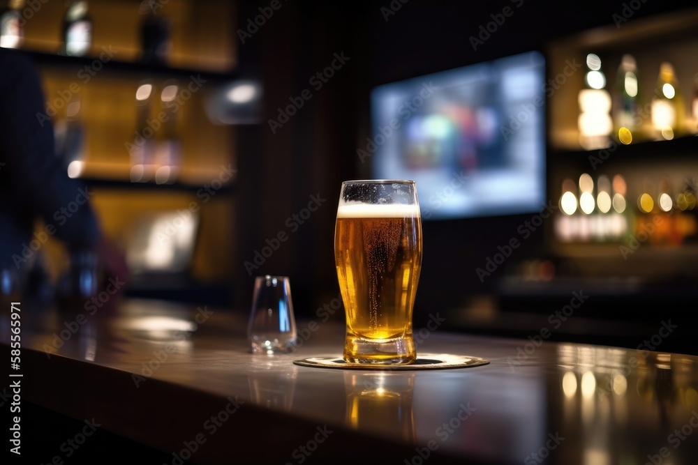 Preparation for watching the sport game.Cooled glass of beer with condensate on the wooden table. Blurred bar at the background Generative AI