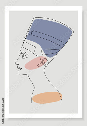 Poster with Nefertiti in one line style. Template design. Vector female face. Banner template poster. The face of the symbol. Retro design.