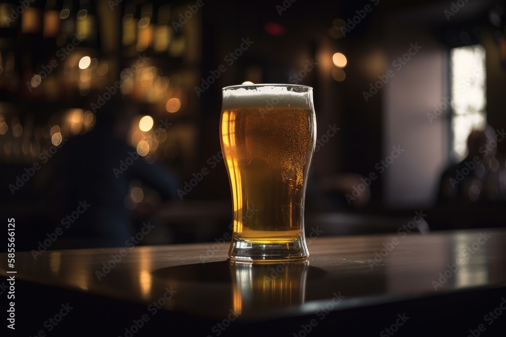 Preparation for watching the sport game.Cooled glass of beer with condensate on the wooden table. Blurred bar at the background Generative AI Preparation for watching the sport game.Cooled glass of beer with condensate on the wooden table. Blurred bar at the background Generative AI
