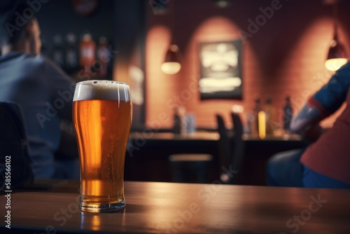 Preparation for watching the sport game.Cooled glass of beer with condensate on the wooden table. Blurred bar at the background Generative AI