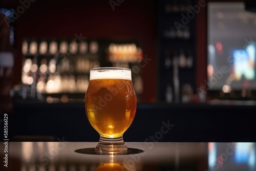 Preparation for watching the sport game.Cooled glass of beer with condensate on the wooden table. Blurred bar at the background Generative AI photo