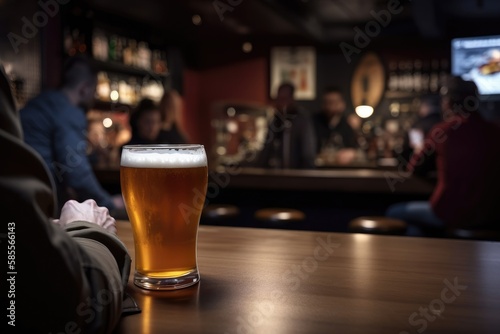 Preparation for watching the sport game.Cooled glass of beer with condensate on the wooden table. Blurred bar at the background Generative AI