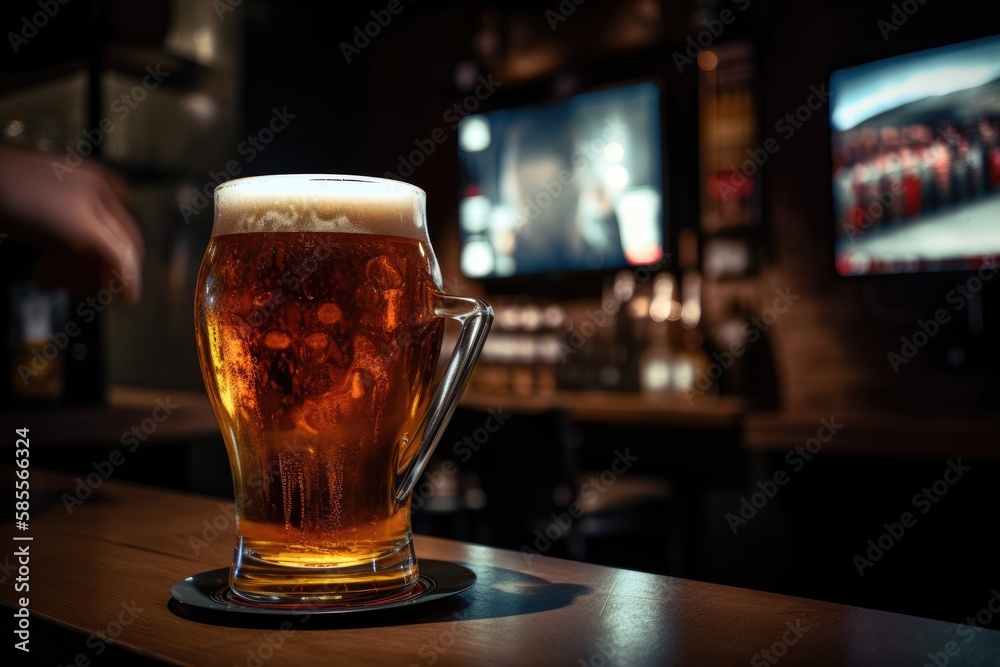 Preparation for watching the sport game.Cooled glass of beer with condensate on the wooden table. Blurred bar at the background Generative AI Preparation for watching the sport game.Cooled glass of beer with condensate on the wooden table. Blurred bar at the background Generative AI