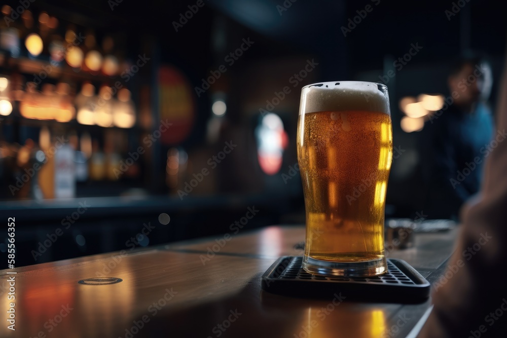 Preparation for watching the sport game.Cooled glass of beer with condensate on the wooden table. Blurred bar at the background Generative AI Preparation for watching the sport game.Cooled glass of beer with condensate on the wooden table. Blurred bar at the background Generative AI