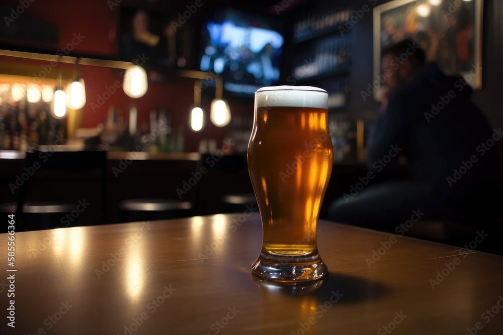 Preparation for watching the sport game.Cooled glass of beer with condensate on the wooden table. Blurred bar at the background Generative AI