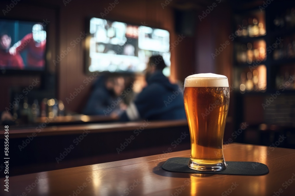 Preparation for watching the sport game.Cooled glass of beer with condensate on the wooden table. Blurred bar at the background Generative AI