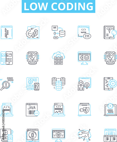 Low coding vector line icons set. No-code, Visual, Declarative, Automation, Platform, Application, Mobile illustration outline concept symbols and signs