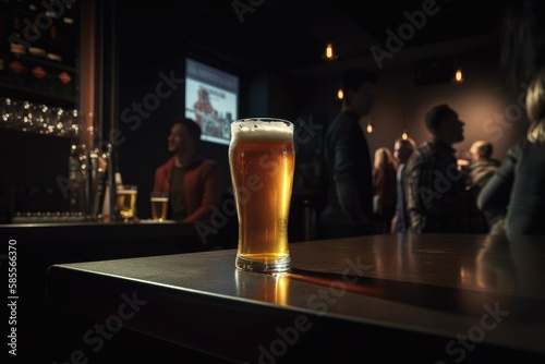 Preparation for watching the sport game.Cooled glass of beer with condensate on the wooden table. Blurred bar at the background Generative AI photo