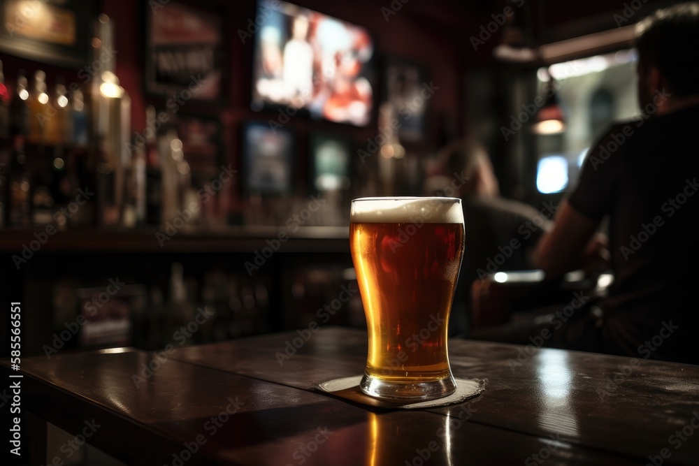 Preparation for watching the sport game.Cooled glass of beer with condensate on the wooden table. Blurred bar at the background Generative AI

