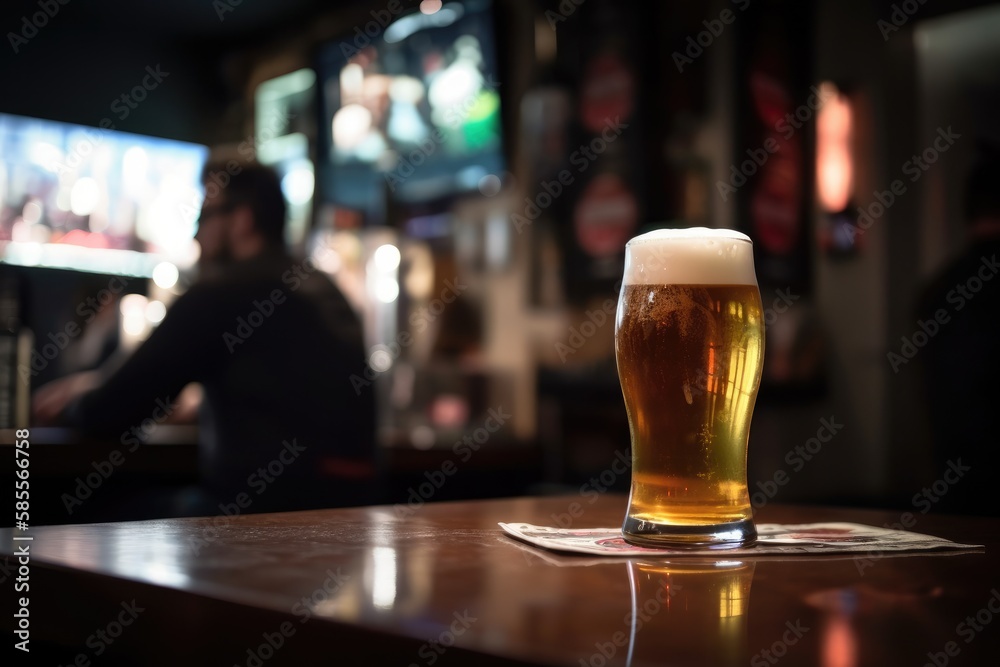 Preparation for watching the sport game.Cooled glass of beer with condensate on the wooden table. Blurred bar at the background Generative AI

