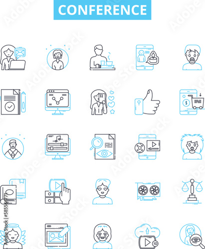 Conference vector line icons set. Convention, Symposium, Meeting, Forum, Assembly, Summit, Gathering illustration outline concept symbols and signs photo