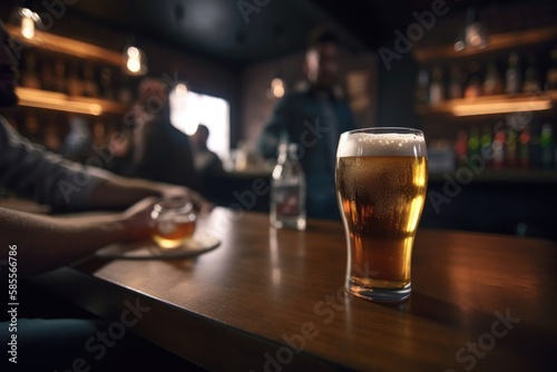Preparation for watching the sport game.Cooled glass of beer with condensate on the wooden table. Blurred bar at the background Generative AI  